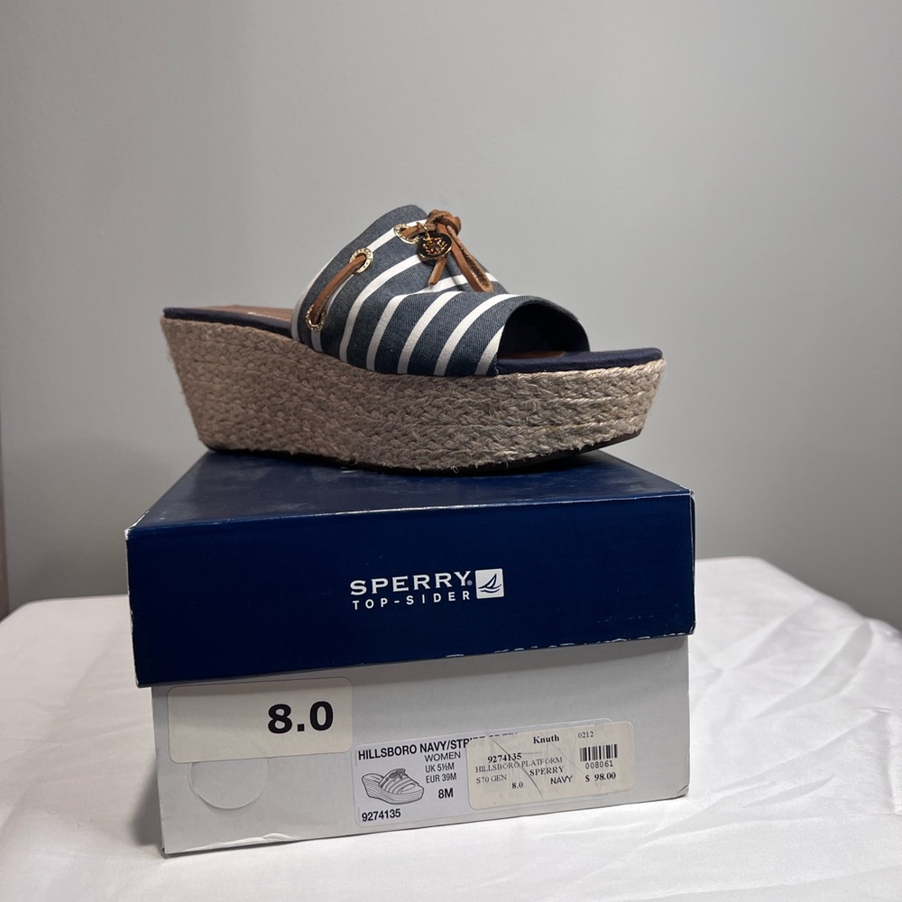 Sperry Women's Blue and White Stripe Espadrille Wedges
